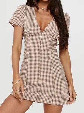 Princess Polly Beige and White Gingham Button-Front Mini Dress
